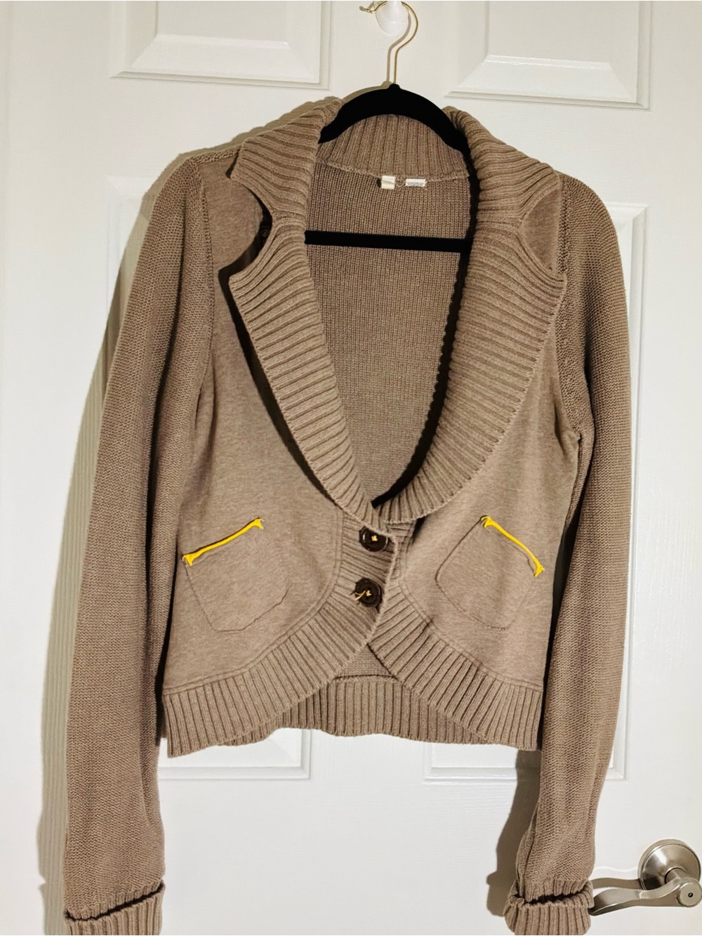 Moth Taupe Shawl-Collar Cropped Cardigan with Yellow Zip Trim